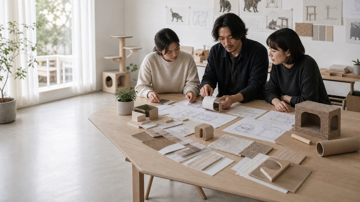 A design team reviews pet furniture sketches and models in a calm studio.