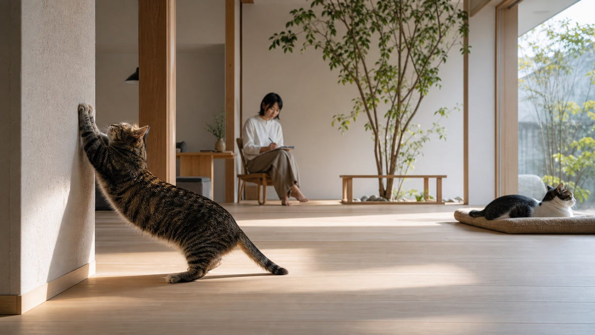 Cats stretch and rest while their natural behavior is observed in a shared home.