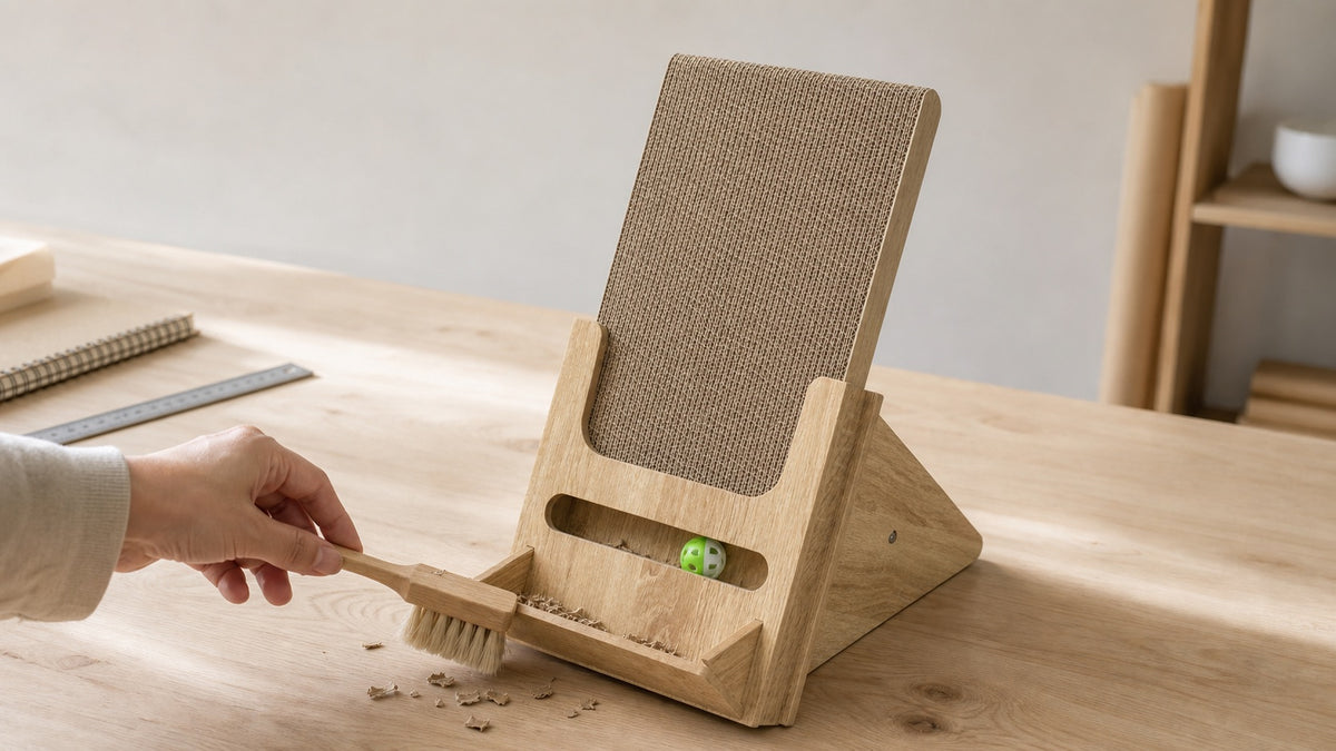 An angled scratcher with an open debris tray sits on a light wood table.