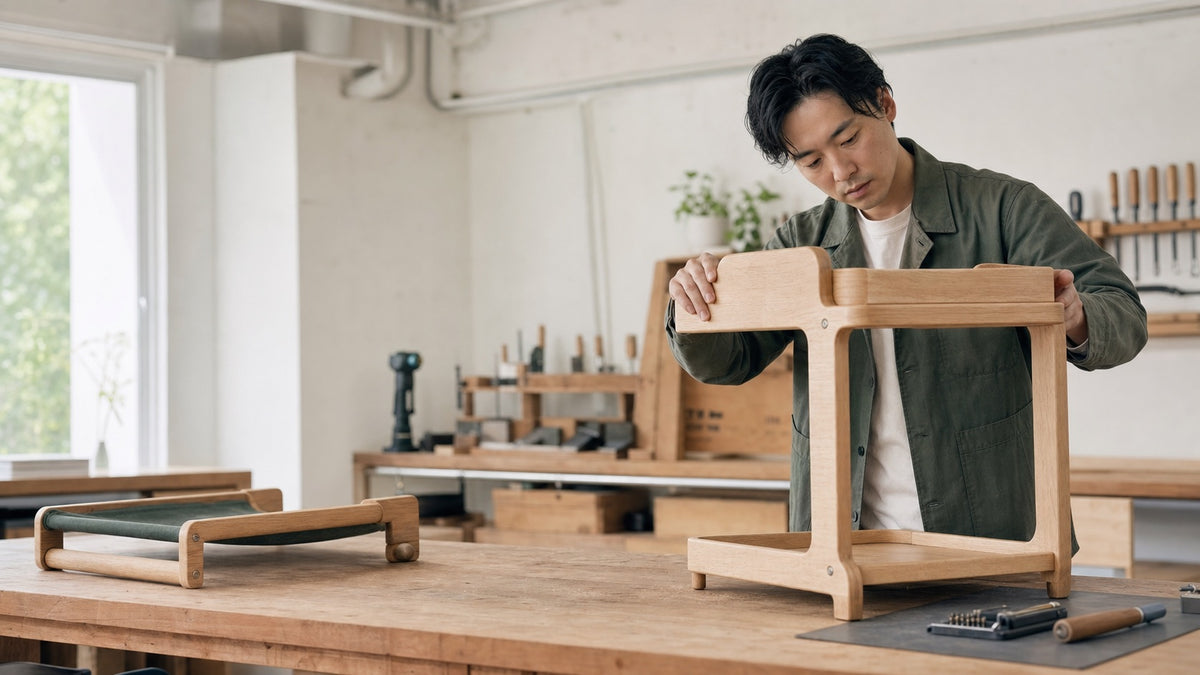 A wooden prototype is checked for fit and stability in a bright workshop.