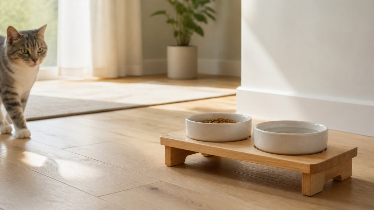 Quiet feeding scene with ceramic bowls on a low wood stand.