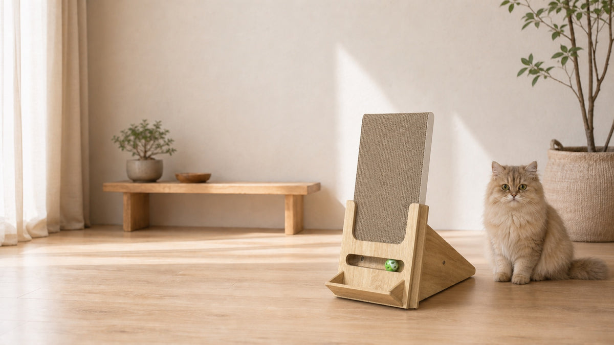 Lulu's World inclined cardboard cat scratcher and a cat sitting separately in a quiet, naturally lit home.