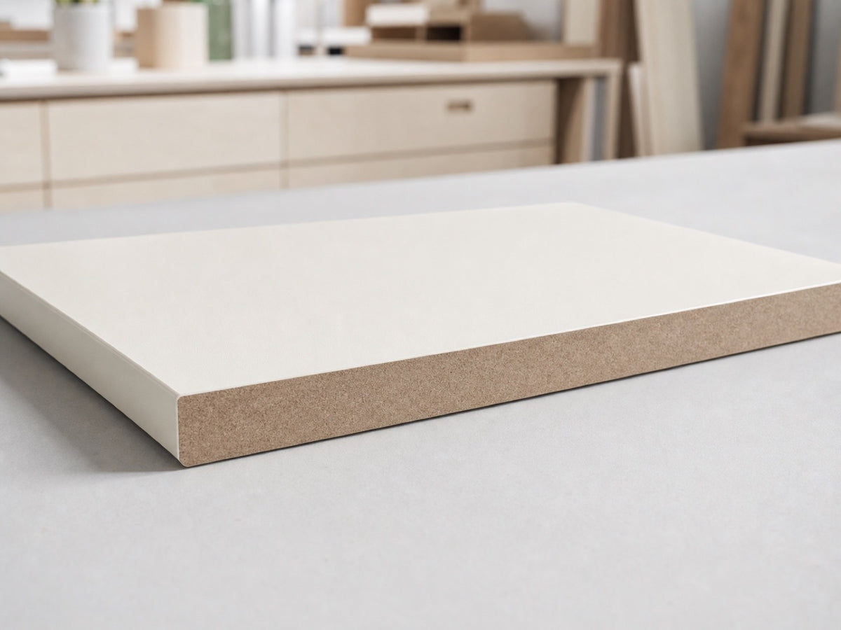 A clean MDF cutaway with a pale melamine decorative surface and a precise machined edge.