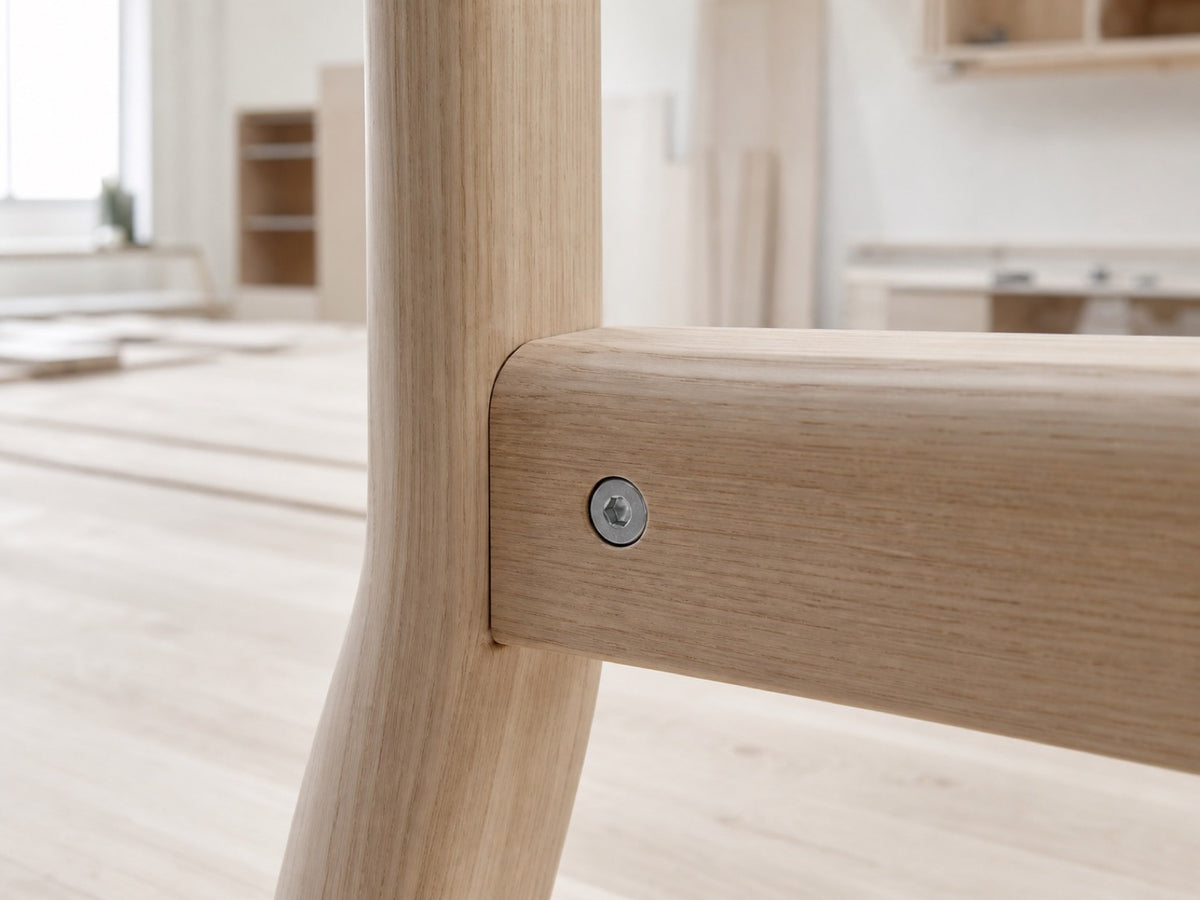 A simple zinc-toned fastener neatly seated in pale wood joinery.