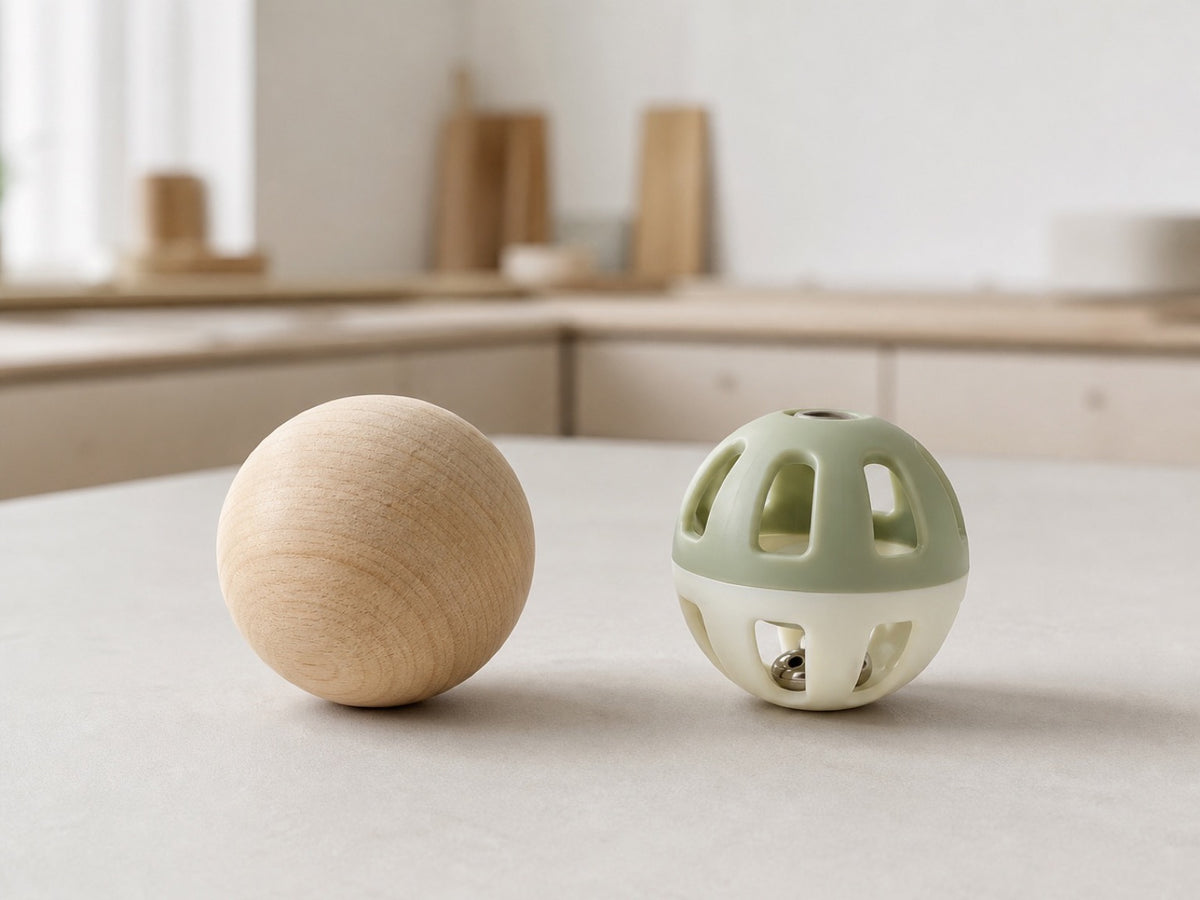 One natural solid-wood ball beside one distinct plastic bell ball with open sound slots.