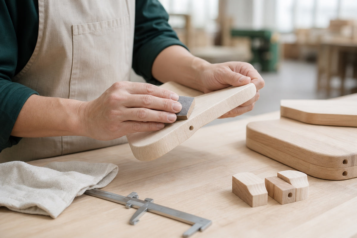 A rounded wood component is refined by hand after machining.