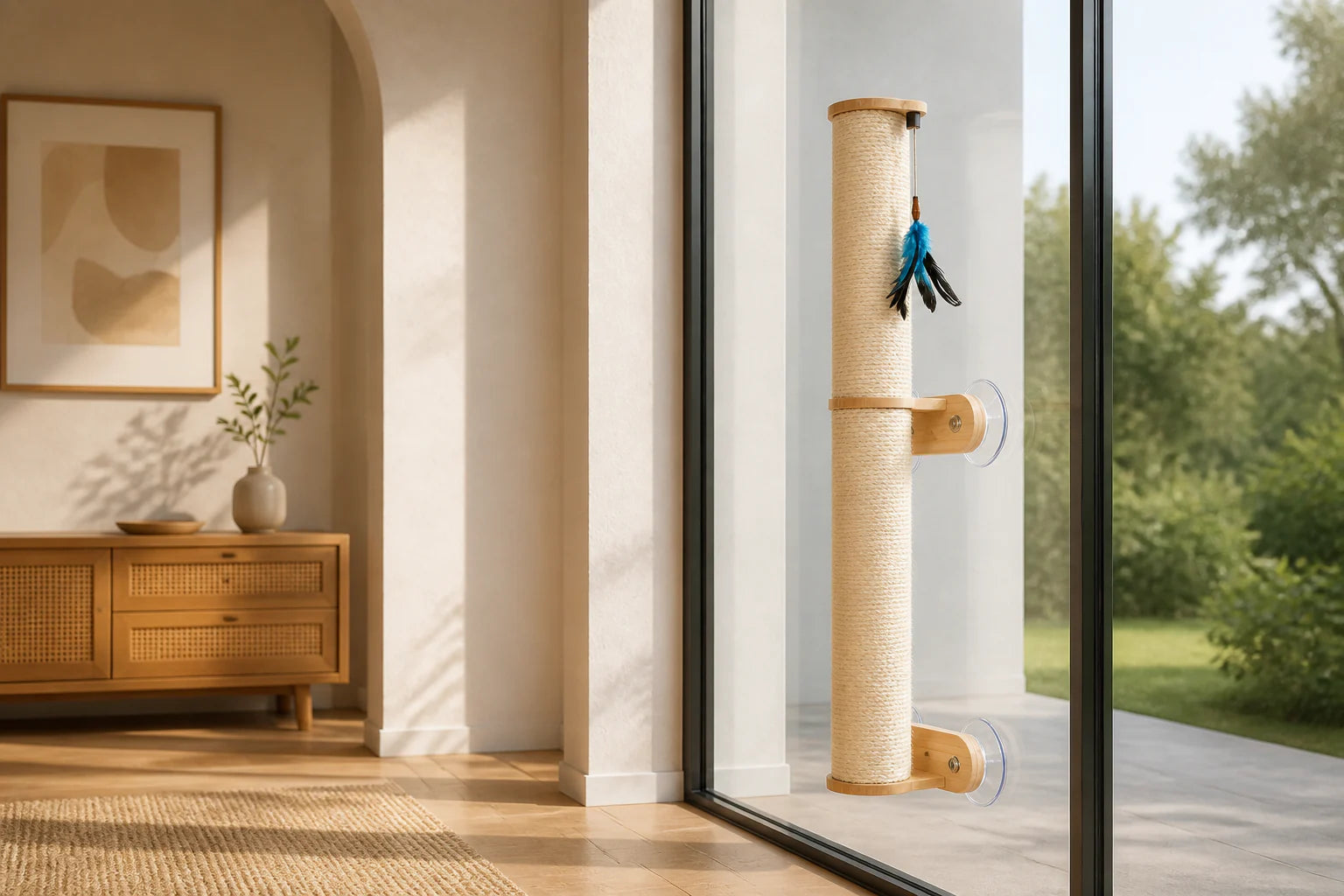 Cat using the No-Drill Wall Scratcher in a warm living room