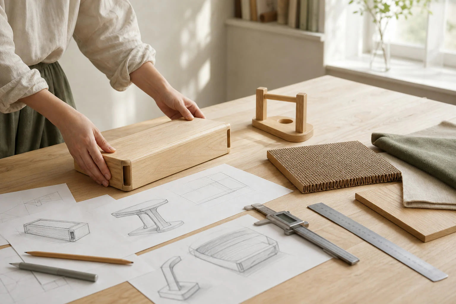 Hands developing a wooden cat furniture prototype in the Design Centre