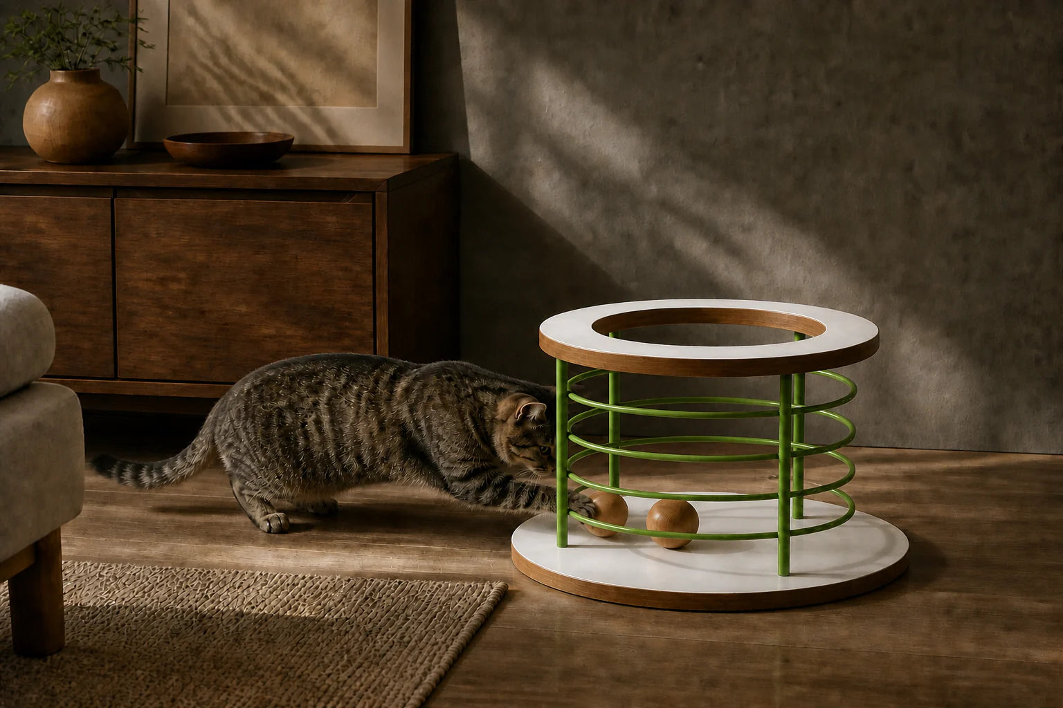 Grey tabby reaching through the Green Ball Pool toward two wooden balls in a warm living room