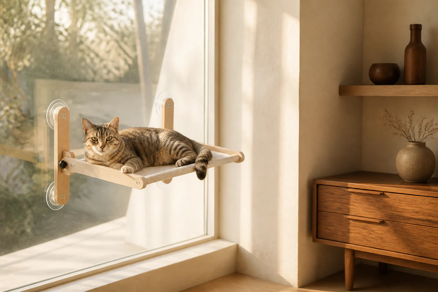 Solid Wood Window Hammock in use