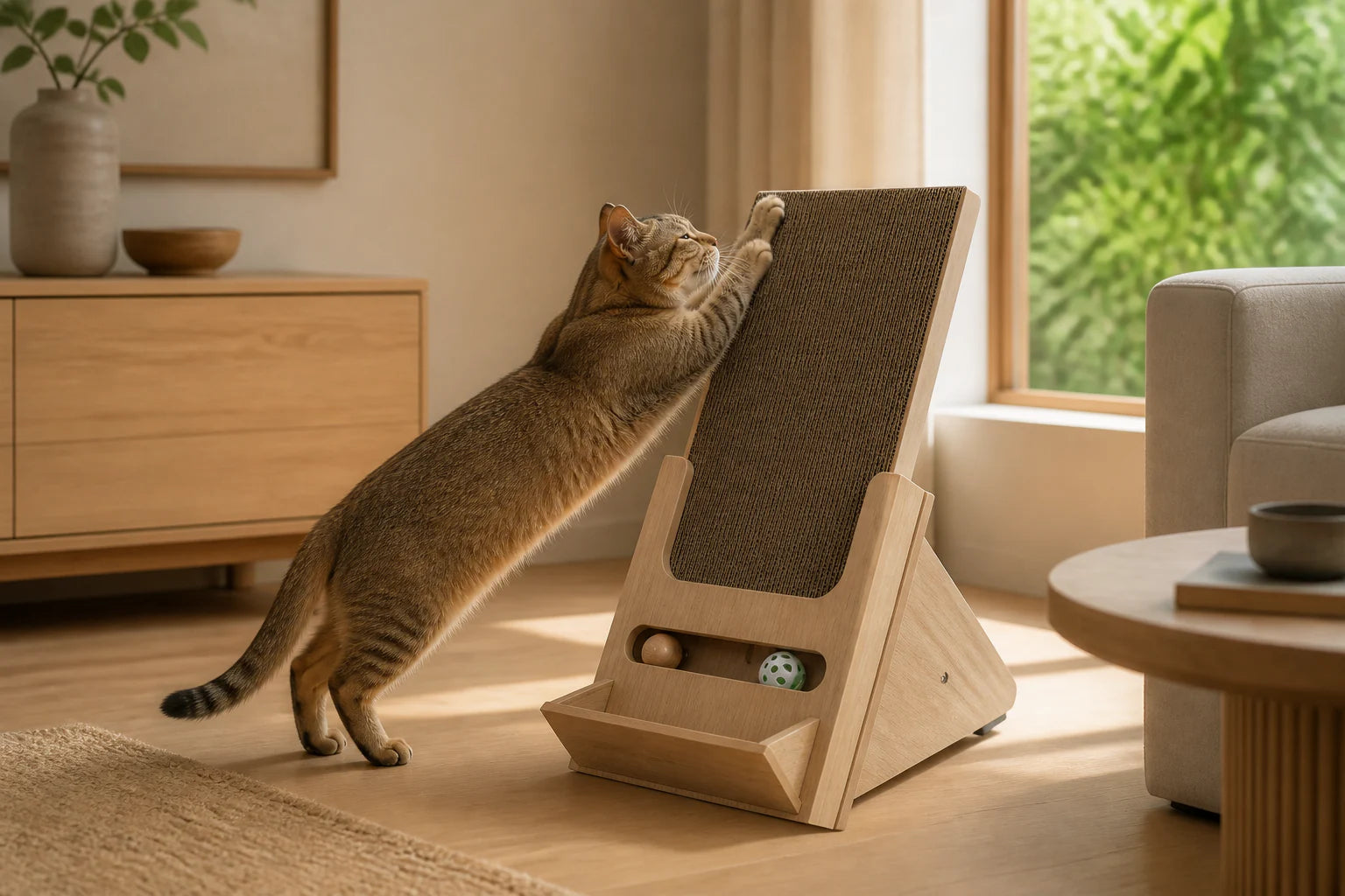 Cat using a Wooden Incline Cat Scratcher