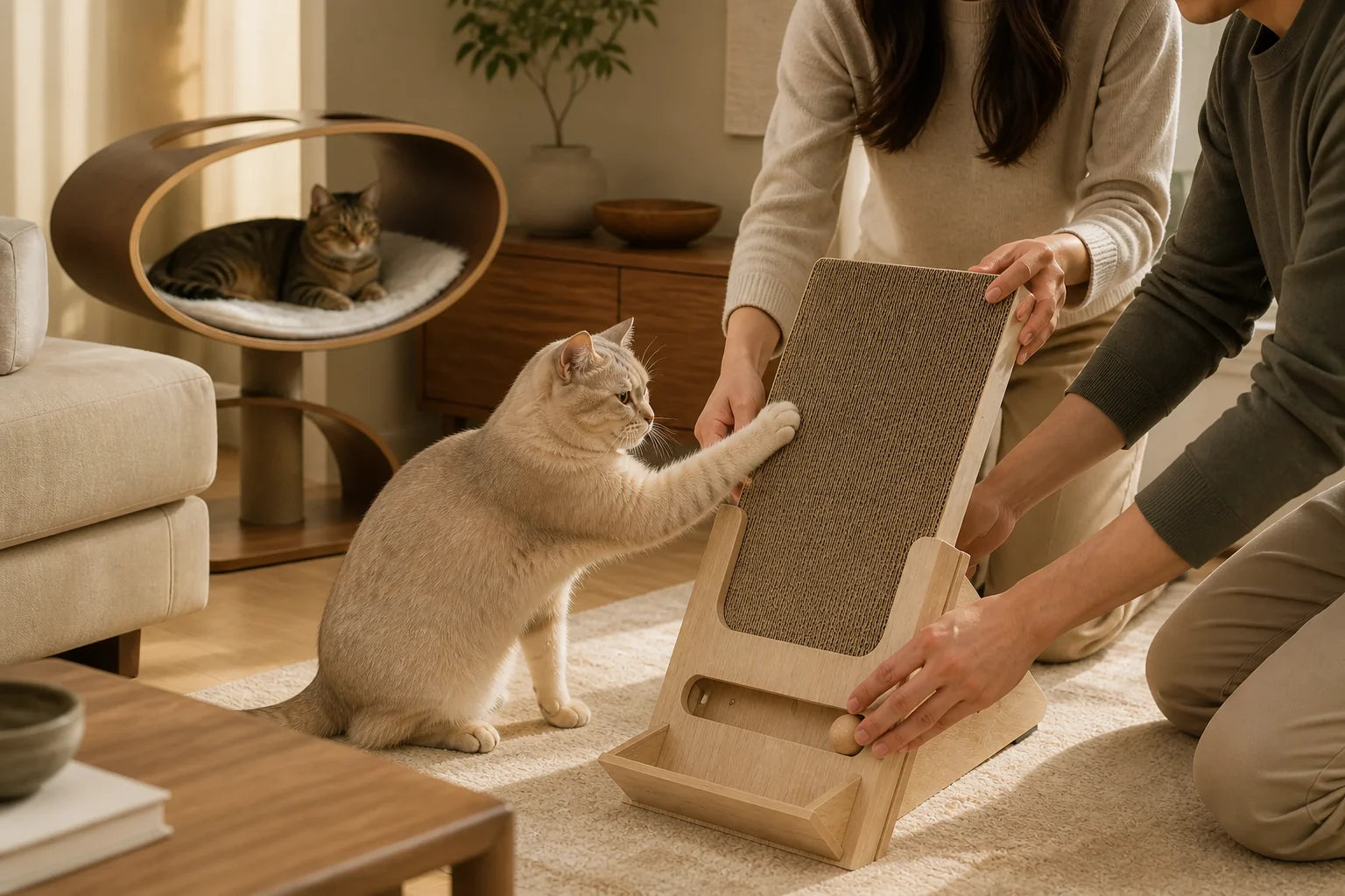 Two people finish setting up a wooden incline scratcher as cats join the room