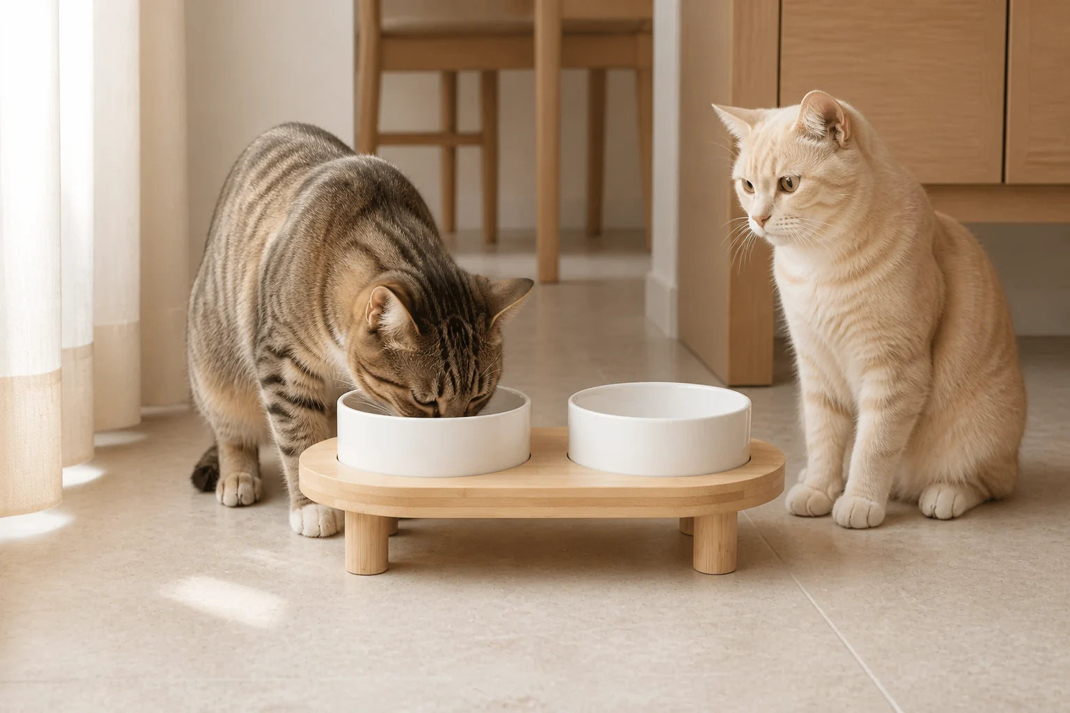 A cat eating from a raised double bowl station in a calm dining room