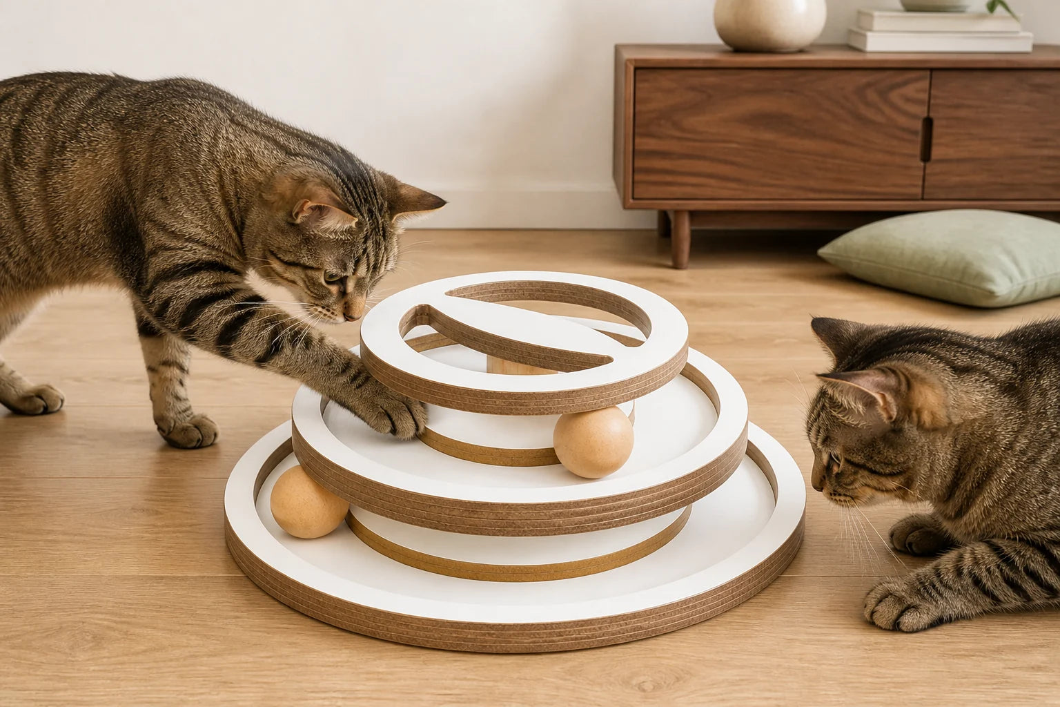 Two cats play with a three-level wooden ball tower