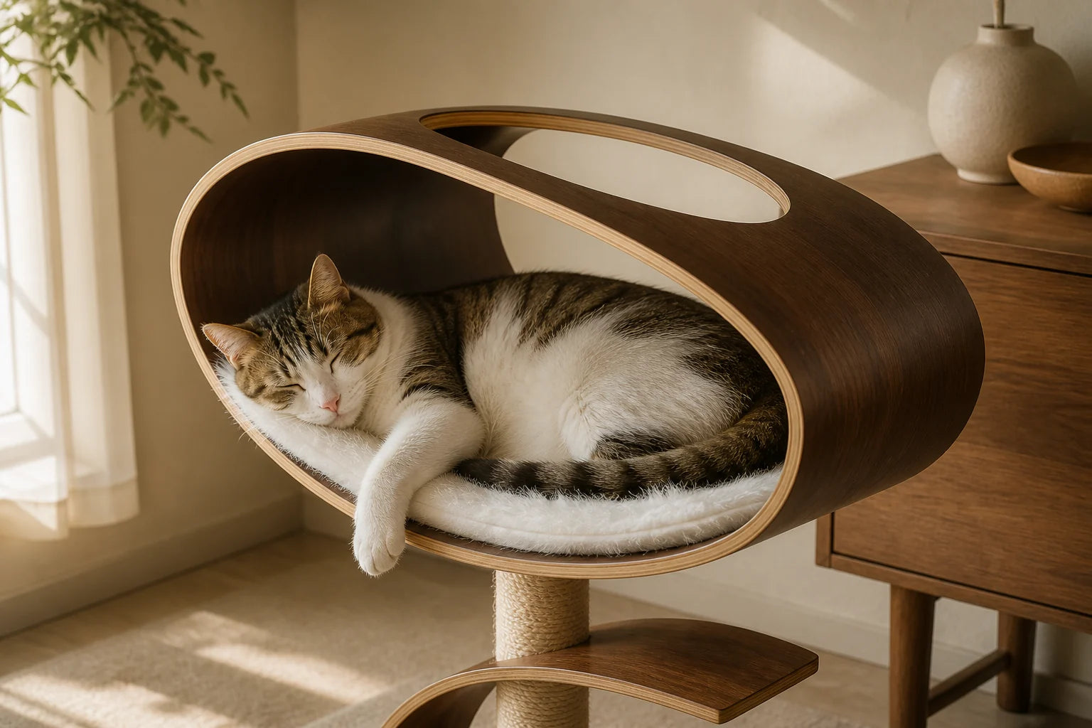 A cat sleeping inside the walnut Orbit Cat Lounge