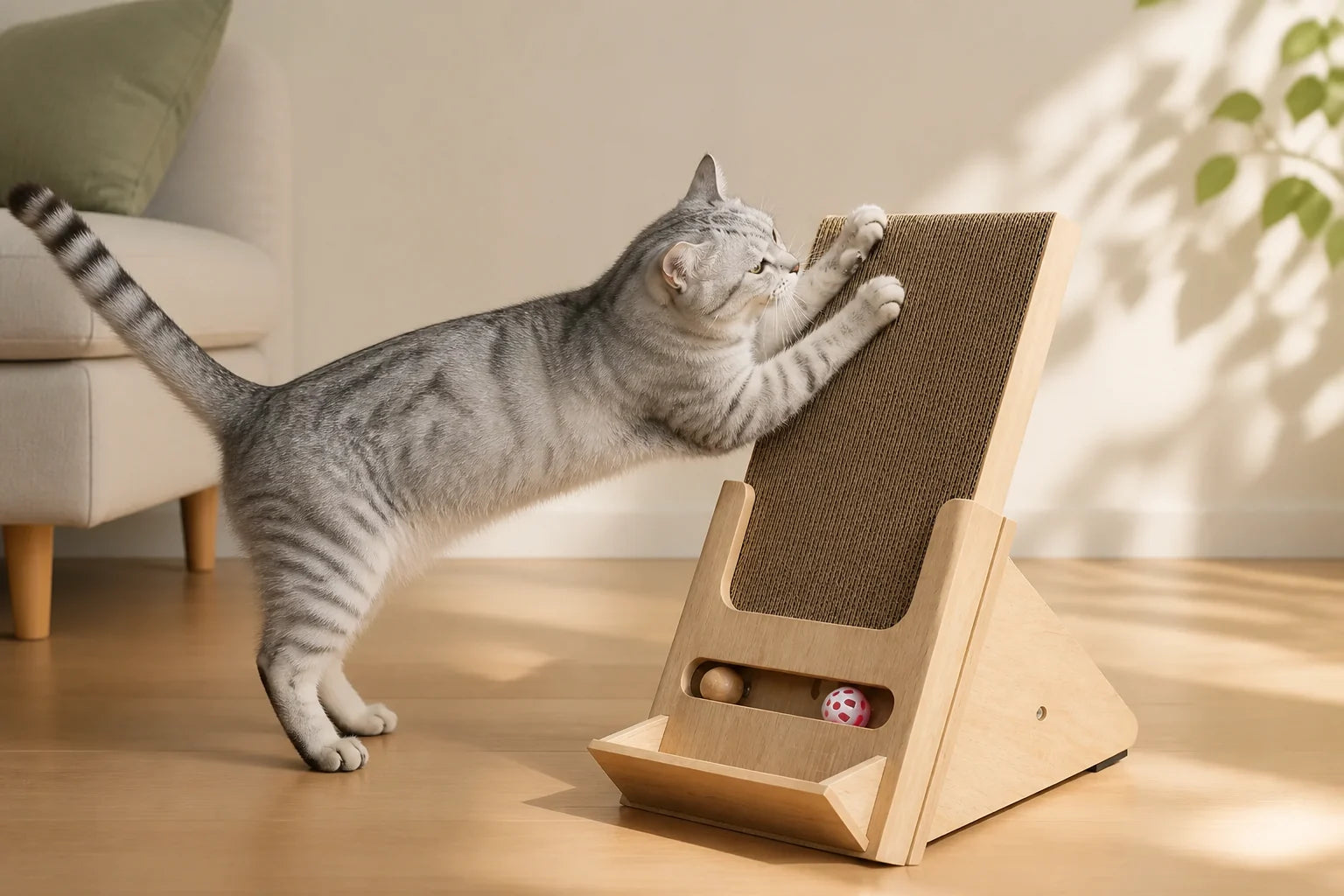 A cat stretching against an angled corrugated scratcher