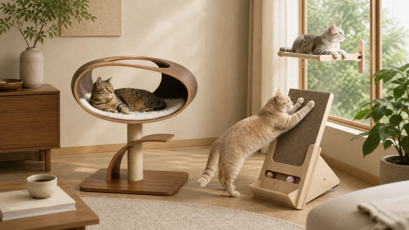 Three cats rest, scratch and watch the window using Lulu's World furniture in a shared room