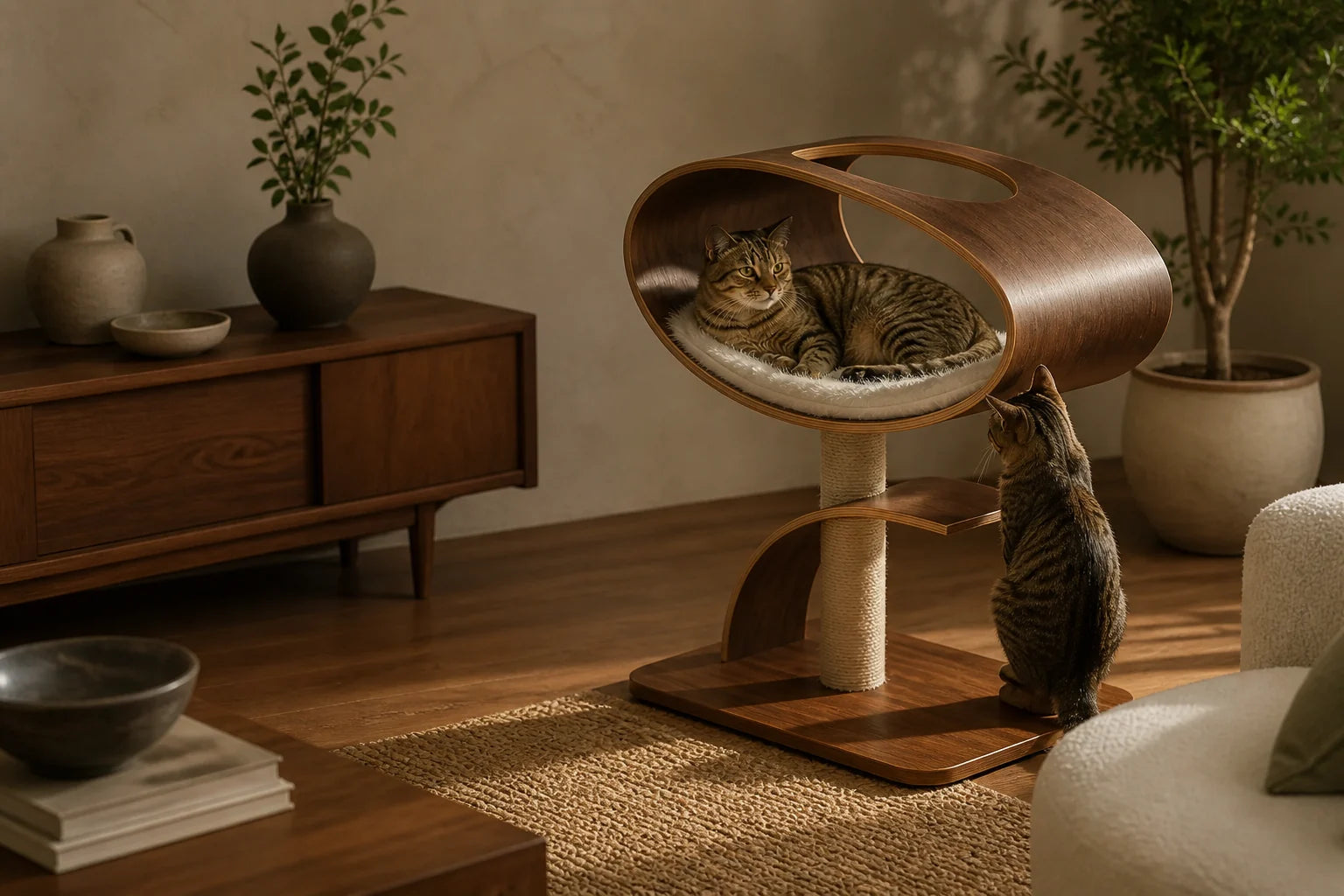 The walnut Orbit Cat Lounge with a cat resting inside in a warm shared living room
