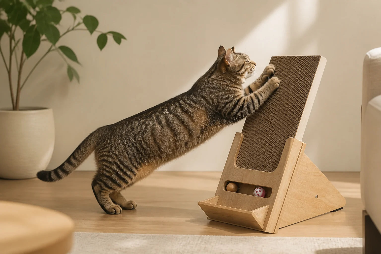 A tabby cat makes a full-body stretch on a wooden incline scratcher