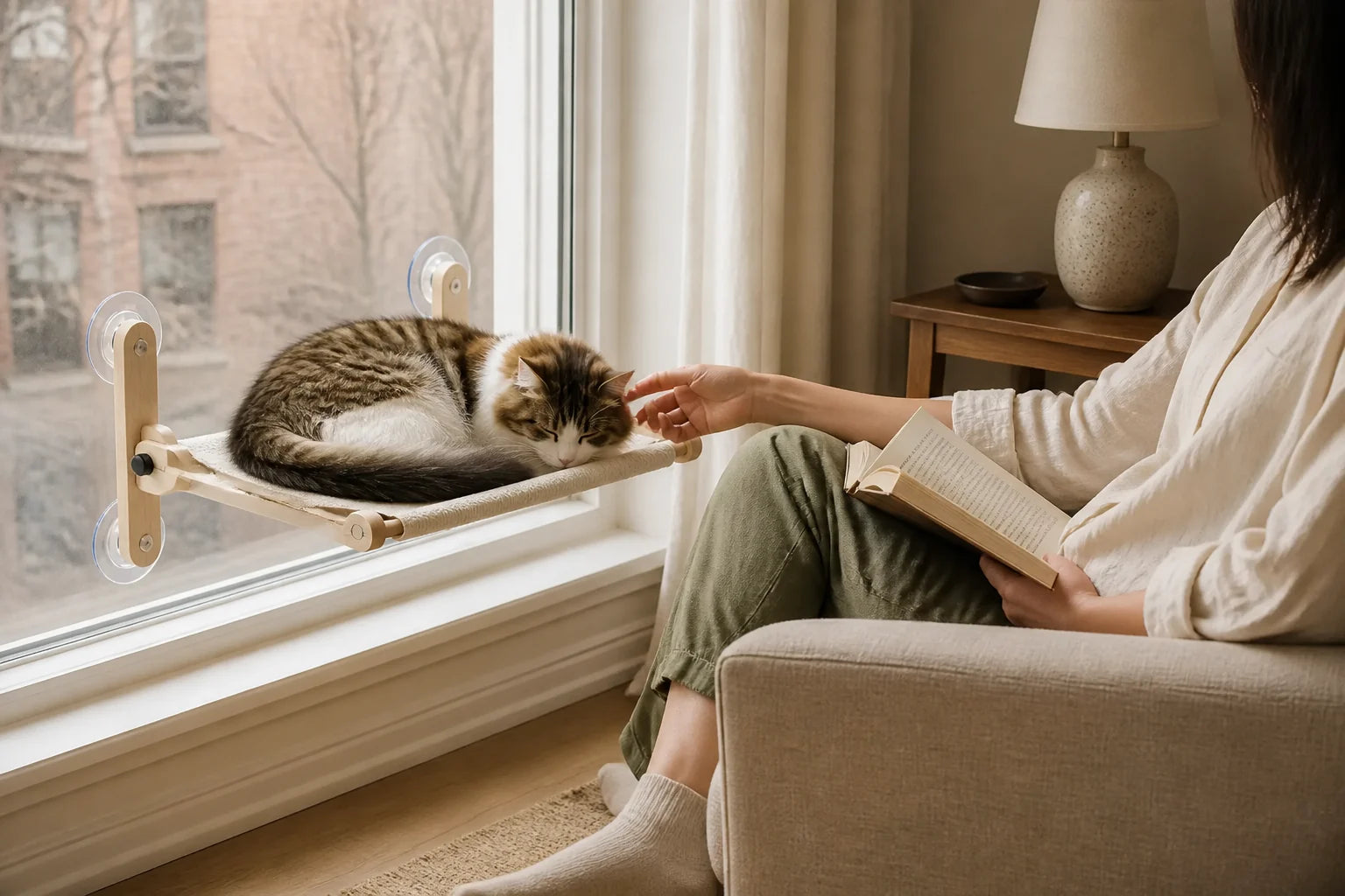 A cat rests on a wooden window perch beside a person reading in the shared room