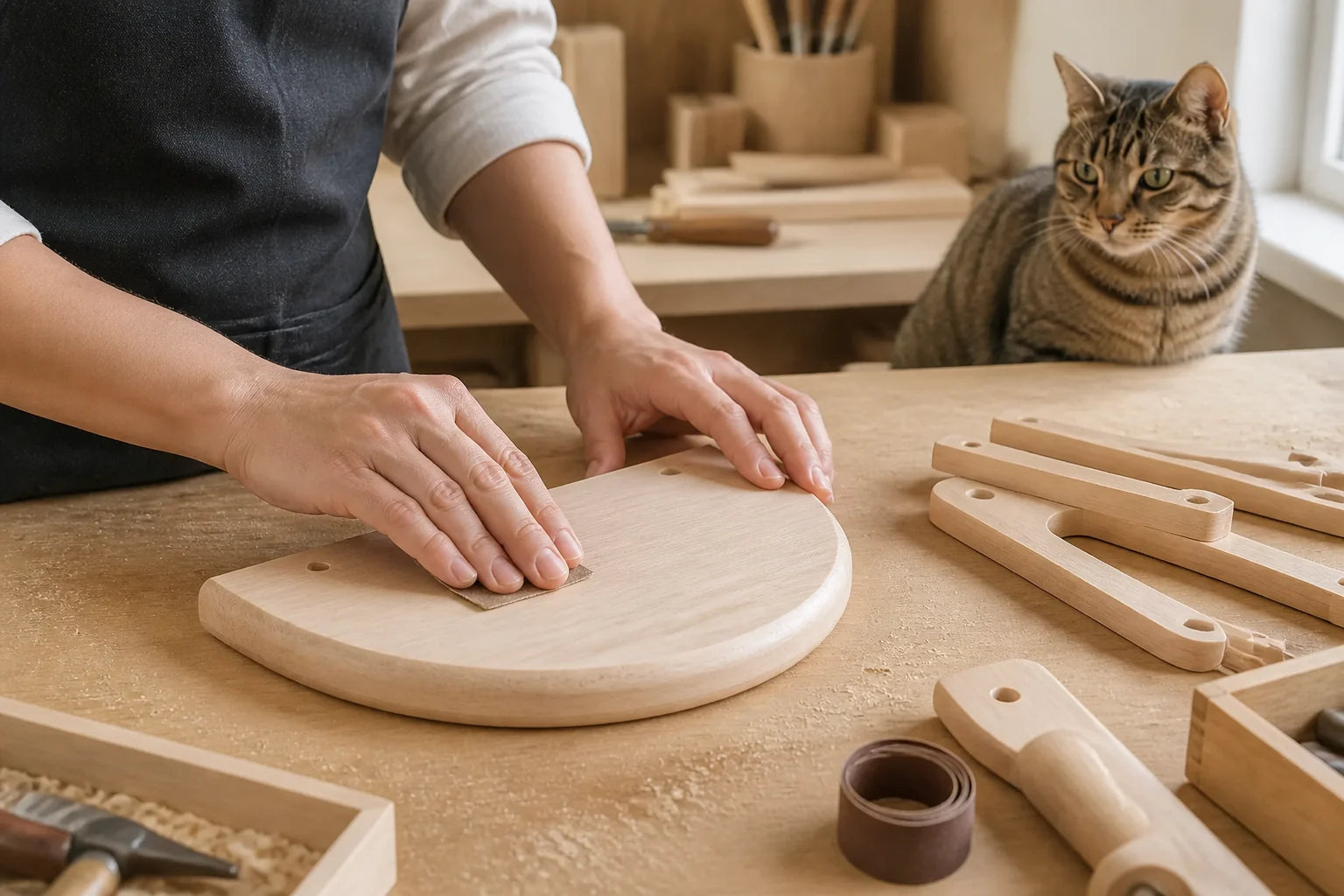 Hands finish rounded rubberwood components while a cat watches from the workbench