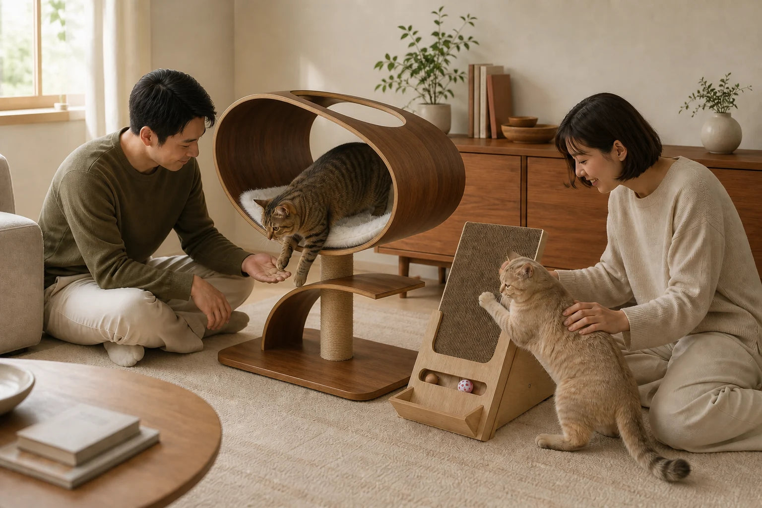 Two people share a calm room with cats using the Orbit Cat Lounge and incline scratcher