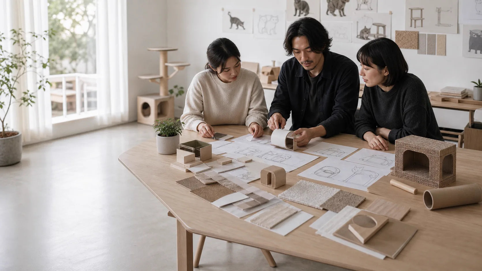 A design team reviewing cat furniture sketches, material samples and models
