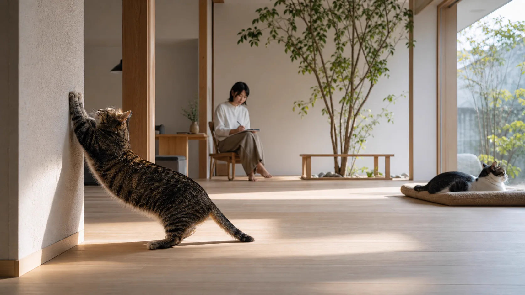 Cats stretching and resting while their natural behavior is observed in a shared home