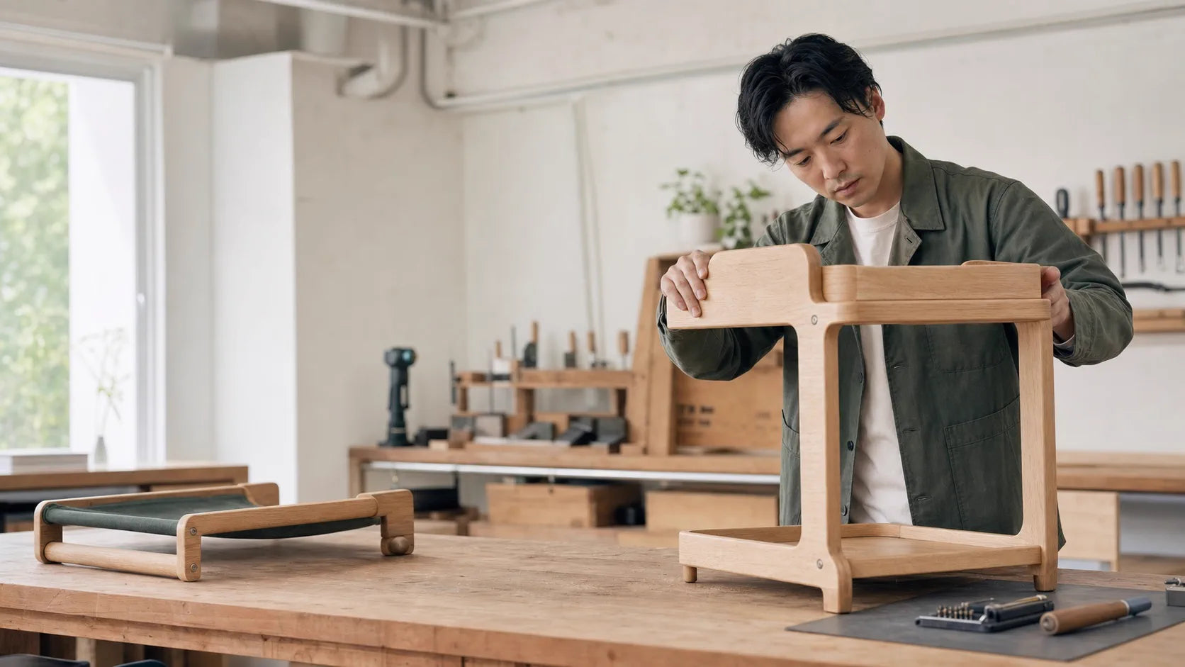 A wooden prototype being checked for fit and stability in a bright workshop